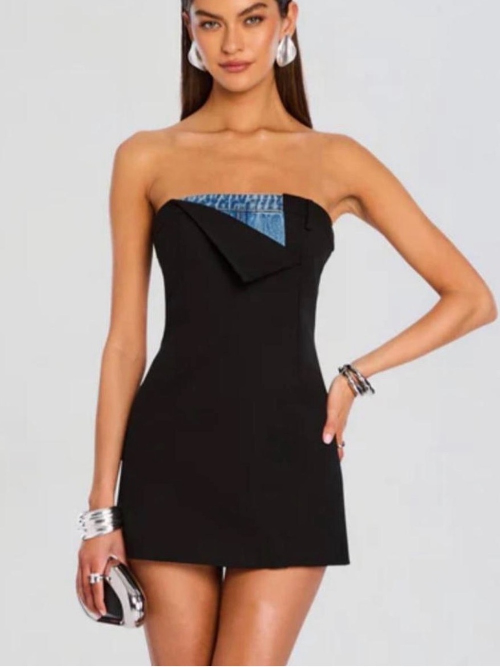 SER.O.YA Strapless Black Mini Dress with Denim Accent